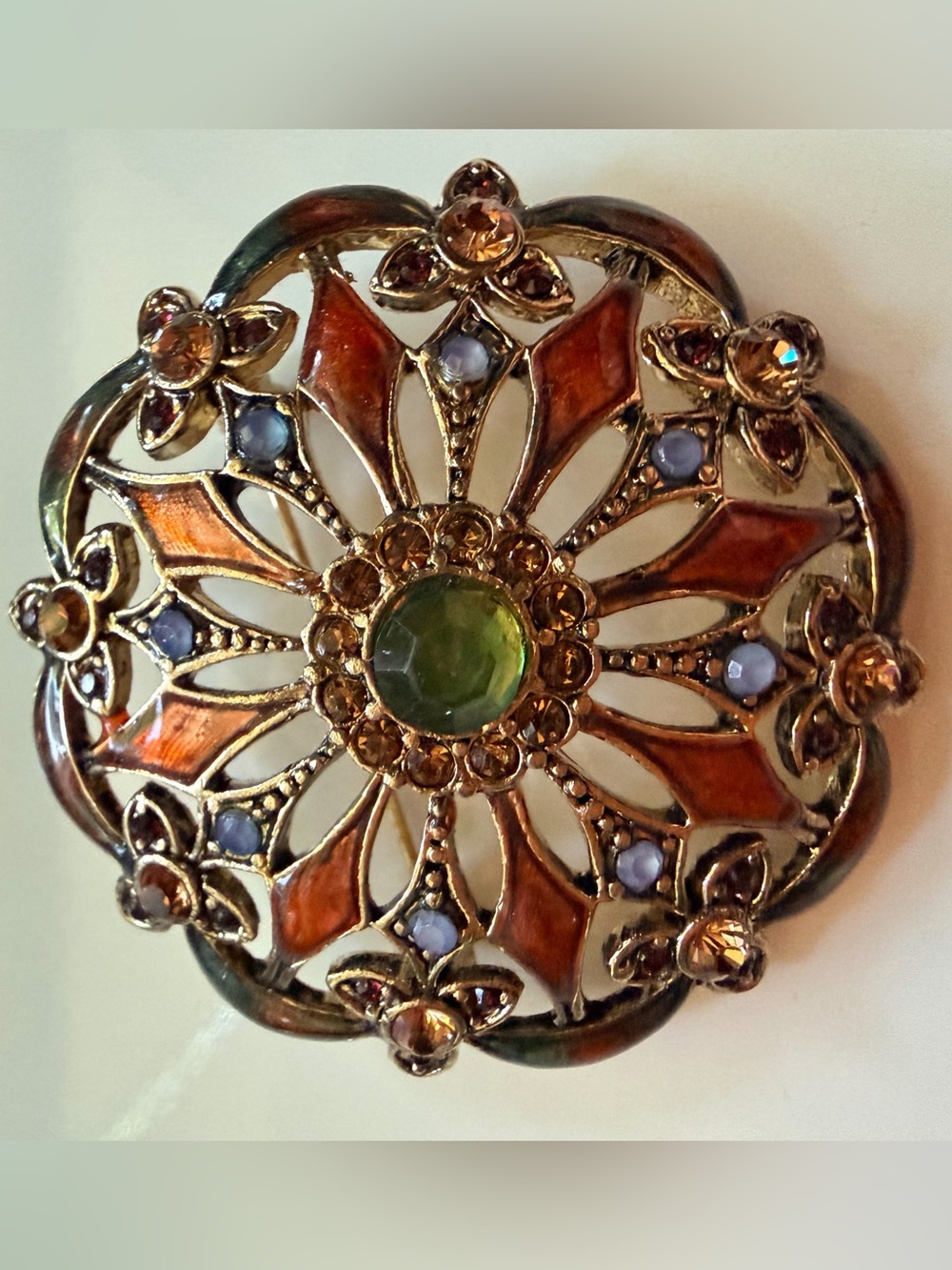 Vintage MONET Signed Round 1.75” Brooch Pin with Enamel & Rhinestone Accents - Picture 2 of 5